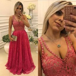 Deep V Neck Prom Dresses Lace See Through Pearls Beaded Evening Gowns Sheer Back Floor Length A Line Formal Party Dress Custom Made