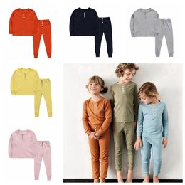 Kids Solid Color Pajamas Button Decoration Children Long Sleeve Elastic Home Service Summer Autumn Sleepwear Baby Clothing Sets HHA500