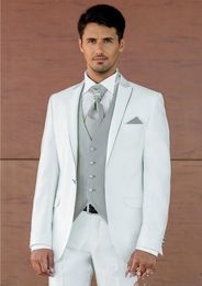 New High Quality One Button White Groom Tuxedos Peak Lapel Groomsmen Best Man Suits Mens Wedding Suits (Jacket+Pants+Vest+Tie) 855