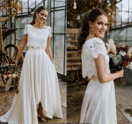 2020 cheap Hot Sell Two Pieces Summer Bohemian Wedding Dresses A Line Lace Top High Low Chiffon Skirt Gardem Boho Bridal Gowns Plus Size