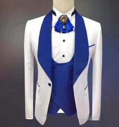 New Arrival Groomsmen White+Royal Blue Groom Tuxedos Shawl Lapel Men Suits Wedding Best Man Bridegroom ( Jacket + Pants + Vest + Tie ) L370