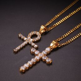 2 in1 Mens Necklace Set Yellow Gold Plated High Quality CZ Cross Key Pendant Necklaces for Men Women Hot Hip Hop Jewellery Gift