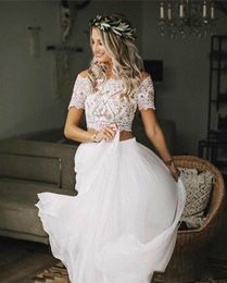 Chic Bohemian Lace Wedding Dresses 2 Pieces Short Sleeves Lace Top Chiffon Skirts Boho Bridal Gowns Beach Wedding Gowns Custom Made