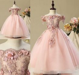 Cute Blush Pink Flower Girls' Dresses with 3D Floral Applique Off the Shoulder Short Cap Sleeves Lace Tulle Floor Length Little Girl Gowns