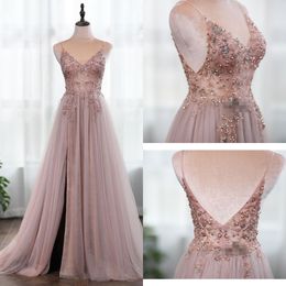 Glittering Beading Crystal Prom Party Dresses With Slit Long 2019 V Backless V-neck Draped Dresses Evening Wear Formal Elegant Dress Vestido