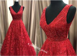 Prom Dresses Lace Appliques A Line V Neck Sleeveless Beaded Sashes Real Picture Custom Made High Quality Evening Party Wear ED1185