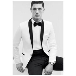 2019 White Groom Tuxedos Shawl Collar Groomsmen One Button Best Man Men Wedding Suits for Formal Party (Jacket+Pants+Bow)