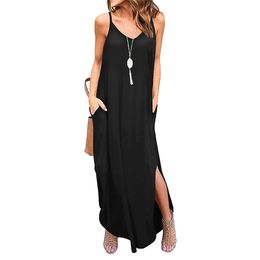 Women Summer Casual Loose Dress V Neck Sleeveless Beach Cover Up Long Cami Maxi Dresses with Pocket