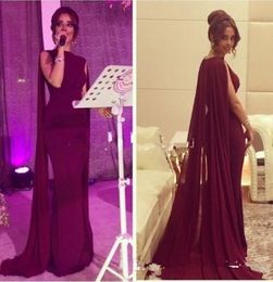 Arabic Dark Red Mermaid Evening Dresses With Shawl Bateau Sweep Train Chiffon Formal Prom Party Gowns Celebrity Dress Special Occasion Dress