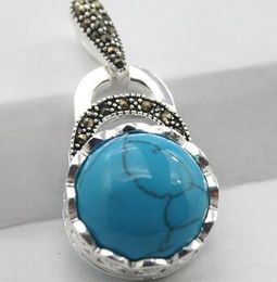 Free Shipping Fashion Women's 40*20mm Blue stone 925 Sterling Silver Marcasite Pendant