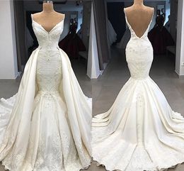 2019 Mermaid Wedding Dresses Spaghetti Lace 3D Floral Appliques Sleeveless Open Back With Detachable Train Plus Size Formal Bridal Gowns
