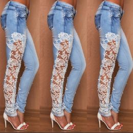 Women's Jeans Plus Size Fashion Light Blue Hollow Out Lace Floral Side Stitching Stretch Slim Women Pencil S-XL