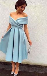 cheap Simple Blue Short Satin Prom Dresses 2019 Pocket Tea Length Off the Shoulder Formal Party Gowns vestidos de fiesta abendkleider