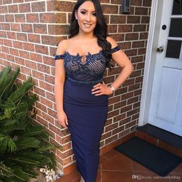 Off Shoulder Nave Blue Mermaid Prom Dresses Lace Applique Beaded Crystals Tea Length Formal Evening Party Gowns Beaded Sashes Custom Made