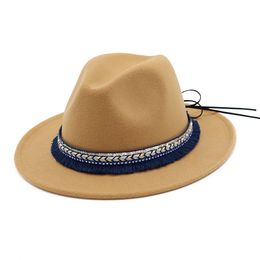 Fashion-Wool Felt Jazz Fedora Hats Trilby with Ribbon Tassels Decorated Trend Men Women Wide Brim Panama Gambler Hat