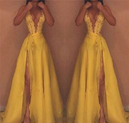 High Quality Yellow Evening Dresses Deep V Neck Lace Celebrity Holiday Women Wear Formal Party Prom Gowns Custom Made Plus Size