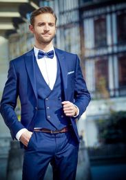 New Hot Selling One Button Blue Wedding Groom Tuxedos Peak Lapel Groomsmen Mens Dinner Blazer Suits (Jacket+Pants+Vest+Tie) 514