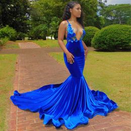 Blue Appliqued Mermaid Prom Dresses Deep V Neck Sequined Evening Gowns Sweep Train Plus Size Formal Dress