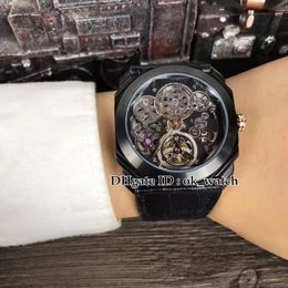 New 4 styles Octo Tourbillon Watch PVD Black Steel Case 102719 Skeleton Automatic Mens Watch Black Leather Strap High Quality Gents Watches