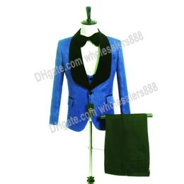 New Arrival Groomsmen Royal Blue Groom Tuxedos Shawl Velvet Lapel Men Suits Wedding Best Man Bridegroom (Jacket + Pants + Vest + Tie) L255