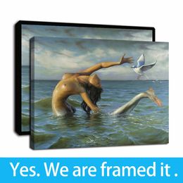 Framed Artwork Ocean Nude Beautiful Mermaid and Pigeon Oil Paintings Print on Canvas Wall Art Paintings Poster for Home Decor
