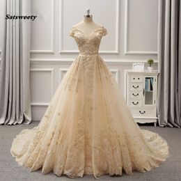 Arabia Dubai 3D Lace Light Gold Colour Wedding Dresses Empire Bridal Gowns V-neck Royal Reain Vintage Vestido De Noiva