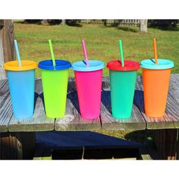 24oz Plastic Colour Changing Cup PP temperature sensing Magic Drinking cup with lid and straw Candy Colours Reusable coffee mug