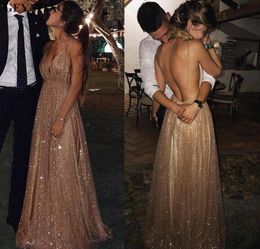 Gold Sequined Prom Dresses 2019 Spaghetti Straps Backless Holidays Graduation Wear Evening Party Gowns Custom Made Plus Size