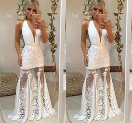 Prom Dresses Deep V-Neck Illusion Appliques Formal Party Evening Gowns Modern Special Occasion Dress Cheap Sexy Vestidos 2020