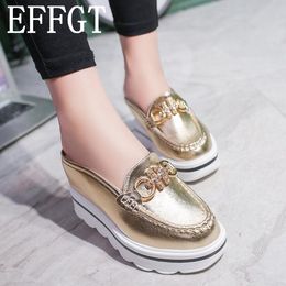 EFFGT 2018 woman mules shoes sandals Rhinestone chains metal buckle design slippers Baotou Platform shoes Wedges slipper H441