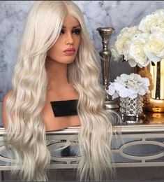 new Free Shipping Platinum Blonde Wig With Baby Hair 26 Inch Long Wavy Synthetic Lace Front Glueless Heat Resistant Wigs