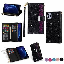 Multifunction Zipper Wallet Leather Glitter Card Strap Stand Cover Case for iphone 11 pro max XR XS MAX 6 7 8 PLUS SE 2020