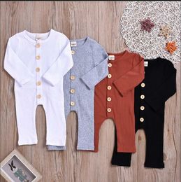 Baby Clothes Kids Boys Girls Solid Cotton Rompers Infant Long Sleeve Button Jumpsuits Spring Autumn Round Collar Onesies Bodysuit BYP710