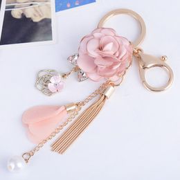 Gold Metal Key Rings Chains Tassel Cloth Flower Rhinestones Car Keys Bag Charms Pendant Jewellery for Women Girls Lady Fashion Keychains Accessories Keyrings Holder