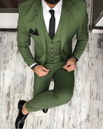 New High Quality Olive Green Groom Tuxedos Notch Lapel Groomsmen Best Man Suits Mens Wedding Suits (Jacket+Pants+Vest+Tie) 669