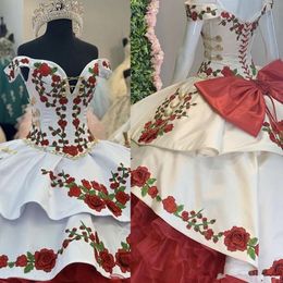 Gorgeous Red Embroidery Quinceanera Dresses Off The Shoulder Satin Ball Gown Prom Dress 7th Grade Sweet 15 Dress