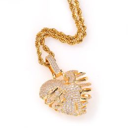 New Fashion Punk Jewellery Gold Plated CZ Hollow Heart Pendant with Rope Cuban Chain for Men Women Nice Gift