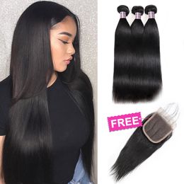 Ishow Promotion Buy 3 PCS Get 1 Free Lace Closure Brazilian Peruvian Malaysian Human Hair Bundles With Closure Straight for Women All Ages Natural Black Colour