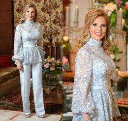 two piece mother of the bride pants suit high neck appliqued lace wedding guest gowns long sleeves ankle length satin mother gown