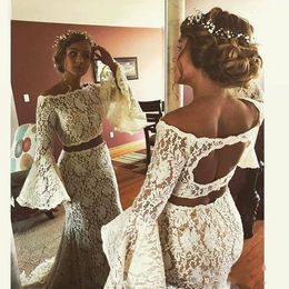 South African Lace 2 Pieces Prom Dresses Ivory Trumpet Long Sleeves Evening Gowns Sexy Backless Mermaid Sweep Train Cocktail Party Dress