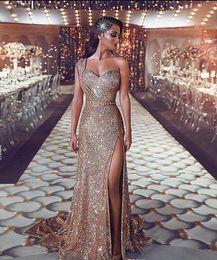 Luxurious 2019 Arabic Split Bling Bling Evening Dresses One Shoulder Beaded Crystals Sequins Prom Dresses Sparkly Sexy Formal Party Gowns