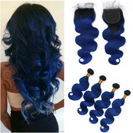 Dark Blue Ombre Body Wave 4Bundles Brazilian Hair and Closure 5Pcs Lot #1B/Blue Ombre Human Hair Weave Wefts with 4x4 Lace Closure