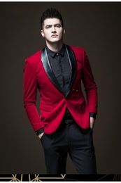 New Popular Handsome One Button red Velvet Wedding Groom Tuxedos Shawl Lapel Groomsmen Men Suits Prom Blazer (Jacket+Pants+Tie) 276
