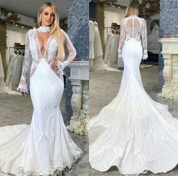 Sexy Mermaid Wedding Dress High-neck Long Sleeves Appliqued Lace Bridal Dresses Ruched Sweep Train Custom Made Vestidos De Novia Hot Sell
