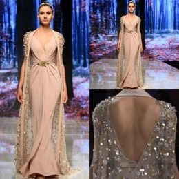 Elie Saab Cap Ile 2019 Akşam pageant Elbiseler Hollow Geri Boncuklu Uzun Şifon pembe şeftali Balo Abiye Sweep Tren Örgün Parti Elbise