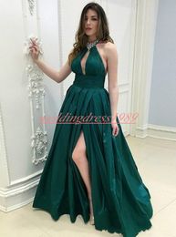 Modest Green High Split Evening Dresses With Beads Pleated Satin Plus Size Arabic Formal Gowns Party Occasion Prom Wear Vestido de noche