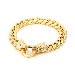 KB133023-KFC Gold stainless steel Curb Link chain bracelet Double Wolf end bracelet bangle 11mm 8.66'' 61g weight for Mens Gifts