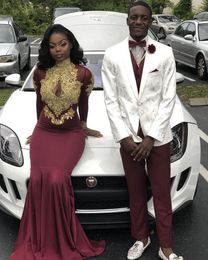 Burgundy Prom Dress With Gold Lace Appliques High Neck Long Sleeves Party Gowns Mermaid Women Formal Wear