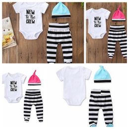 Ins Kids Clothing Sets Baby Cotton Jumpsuit Pantynose Cap 3Pcs Set Child Short Sleeve Rompers Stripe Pants Hat Suit Boutique Clothes ZYQA495