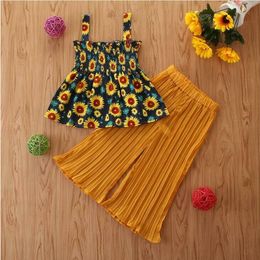 Kids Clothes Girls Sunflower Printed Clothing Sets Children Suspender Top Ruffle Wide Leg Pants Suits Summer Fashion Loose Pants Suit CYP493